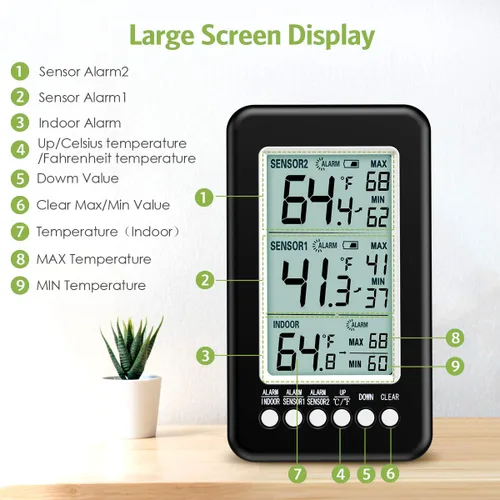 Vista 2 de KeeKit Termómetro para refrigerador, termómetro inalámbrico para interiores y exteriores con 2 sensores, termómetro digital para nevera con alarma