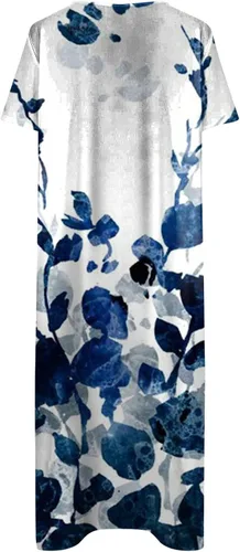 Vista 2 de Lmzaren Vestidos de verano de moda 2023 para mujer, vestido de playa con estampado casual, manga corta, cuello redondo, talla grande, vestido bohemio