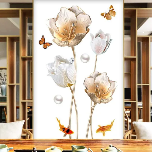 Vista 5 de Calcomanías de pared florales de flor de loto, calcomanías de pared de tulipán para sala de estar, decoración de pared extraíble para el hogar