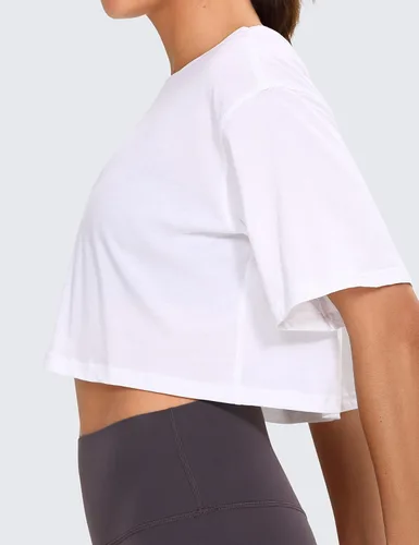 Vista 3 de CRZ YOGA - Camiseta corta para mujer, de algodón Pima, ombliguera de manga corta para entrenamiento y yoga, de estilo informal, camiseta deportiva