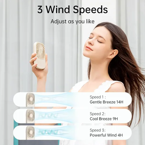 Vista 5 de JISULIFE Mini ventilador de pestañas de mano con soporte, pequeño ventilador de maquillaje personal recargable por USB, con 3 velocidades para Beige