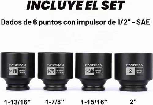 Vista 2 de CASOMAN Juego de dados de impacto de tuerca de eje de transmisión de 1/2 '', 6 puntos, CR-MO,1-13/16, 1-7/8, 1-15/16, 2 pulgadas, 4 piezas de 1/2