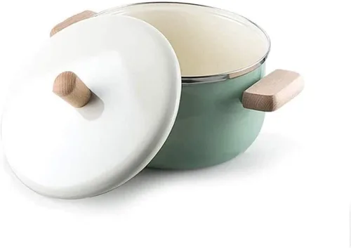 Vista 3 de Wok Olla de leche esmaltada con doble oreja, mango de madera, olla esmaltada, olla pequeña para sopa de fideos, olla de inducción, sartén universal