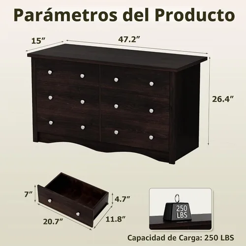 Vista 2 de Shahoo Cómoda para dormitorio con 6 cajones, cómoda de madera de 47.2 Marrón