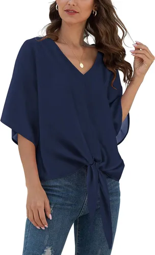 Vista 15 de VIISHOW Womens Tie Front Chiffon Blouses V Neck Batwing Short Sleeve Summer Tops Shirts Albaricoque