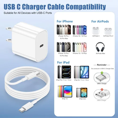 Vista 6 de Cargador para iPhone 16/15 de carga rápida, paquete de 20 W PD USB C cargador de pared rápido Bloque con cable de carga rápida USB C a C
