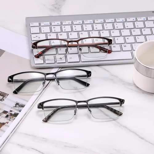Vista 7 de 3-Pack Reading Glasses for Men Blue Light Blocking Fashion Metal Half Wide Frame Readers Semi Rimless Eyeglasses