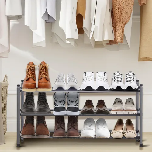 Vista 2 de Zapatero, organizador de almacenamiento de zapatos expandible para armario, zapatero de metal de 3 niveles para entrada, estante pequeño ajustable