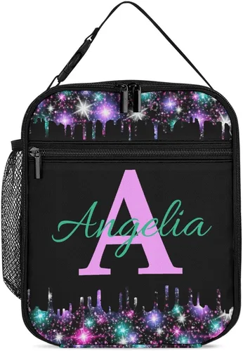 Vista 10 de Bolsa de almuerzo con nombre personalizado para hombres y mujeres, con monograma de purpurina azul, hielera, portátil, con nombre, para niñas