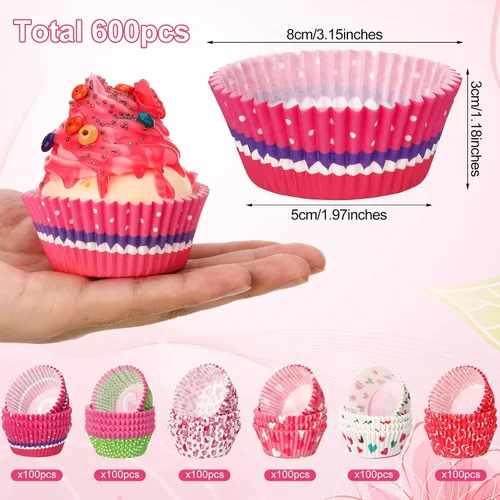 Vista 5 de 600 forros para cupcakes para el día de San Valentín, moldes de papel para hornear, papel para manualidades, con patrón de corazón, vasos