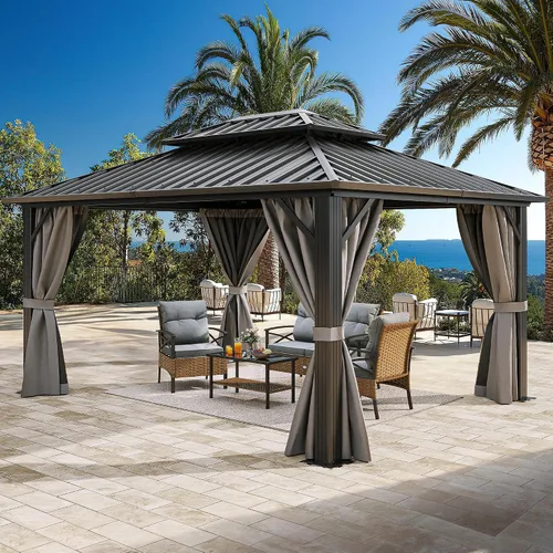 Vista 21 de YITAHOME Cenador de techo duro de 10x10 pies con redes y cortinas, acero galvanizado de doble techo resistente combinado con techo de rayas Gris