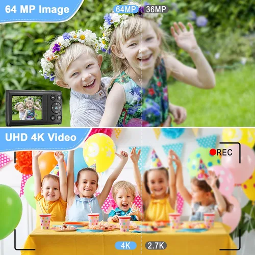 Vista 3 de Cámara digital, 4K 64MP Cámara digital de apuntar y disparar con zoom de 18X cámara compacta para vlogging para adolescentes, adultos, niños, niñas