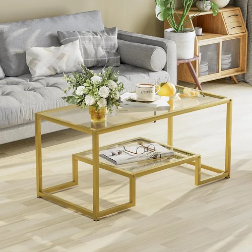 Vista 6 de Wolawu Mesa de café Mesa de café de vidrio dorado para la sala de estar, mesa central rectangular de 2 niveles con marco de metal resistente, mesa