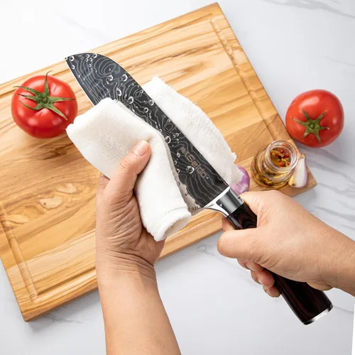 Vista 6 de Juego de cuchillos Master Chef de 17 piezas con bloque de acero de Damasco y madera de acacia Cuchillos de cocina de acero de Damasco con bloque