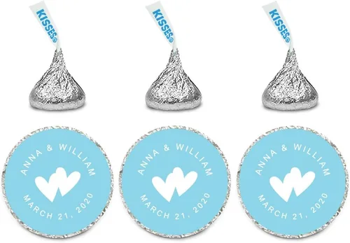 Vista 32 de Andaz Press Etiquetas personalizadas de gota de chocolate para boda, nombres y fecha redondos, turquesa aguamarina, paquete de 240, personalizadas