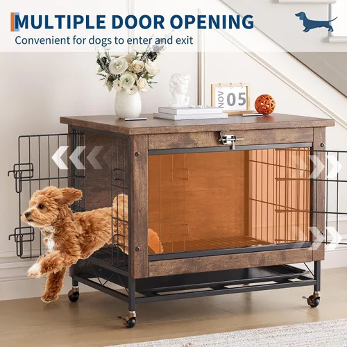 Vista 4 de Mueble de jaula para perros pequeños con ruedas, perrera de madera resistente de 2 puertas, para interiores, mesa auxiliar de jaula para perros