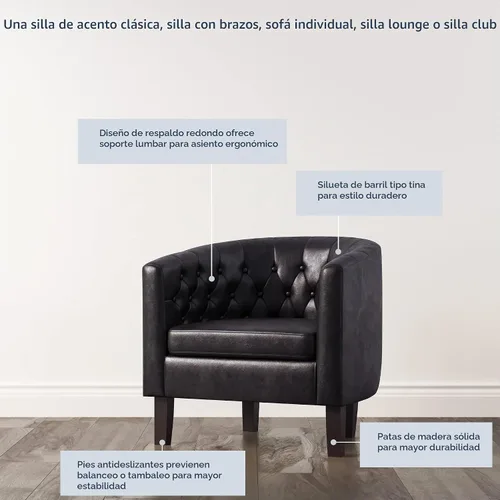 Vista 3 de BELLEZE Sillas de acento negras para sala de estar, elegante silla de brazo tapizada con respaldo capitoné en forma de barril, silla de club