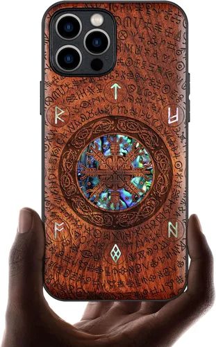Vista 9 de Carveit Funda protectora de madera de diseñador para iPhone 12 Pro, cubierta magnética, grabado en madera e incrustaciones de concha, funda