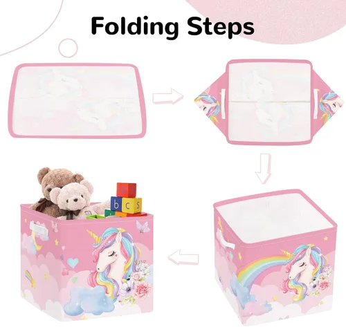 Vista 7 de Clastyle Juego de cestas de almacenamiento plegables de unicornio rosa para niños, organizador de ropa, cuarto de bebé, juguetes para niñas, estante