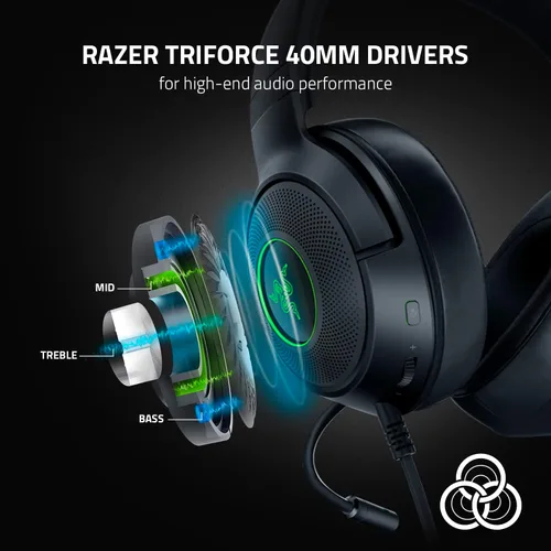 Vista 3 de Auriculares Razer Kraken V3 X con cable USB para juegos: Construcción ligera - Controladores Triforce de 40 mm - Micrófono cardioide HyperClear