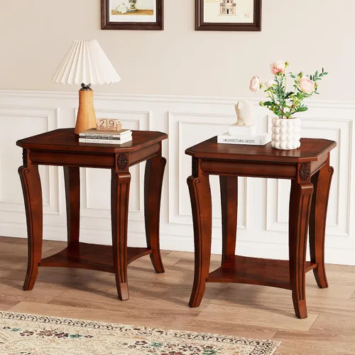 Vista 4 de PADMA HOUSE Mesa auxiliar de madera vintage con estante de almacenamiento Tapa de madera de cerezo