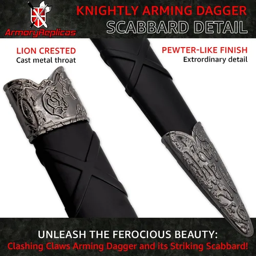Vista 3 de Armory Replicas - Clashing Claws - Daga armada de inspiración medieval - Disfraz de caballero de acero inoxidable para cosplay con vaina dura