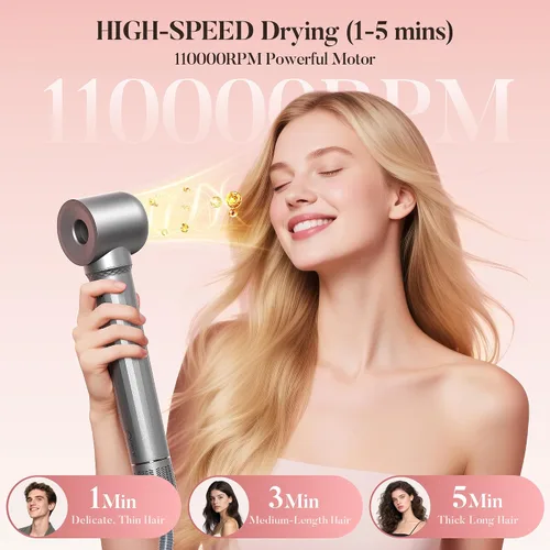 Vista 3 de Easywave Cepillo secador de pelo 7 en 1: Secador de pelo de alta velocidad de 110,000 RPM con iones negativos para peinar sin encrespamiento, secado