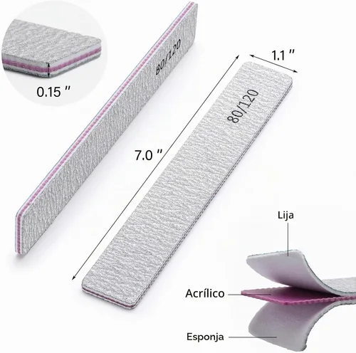 Vista 2 de 25 limas de uñas para uñas acrílicas, grano 80/120, tableros de esmeril de doble cara, limas de uñas, herramientas de manicura profesionales