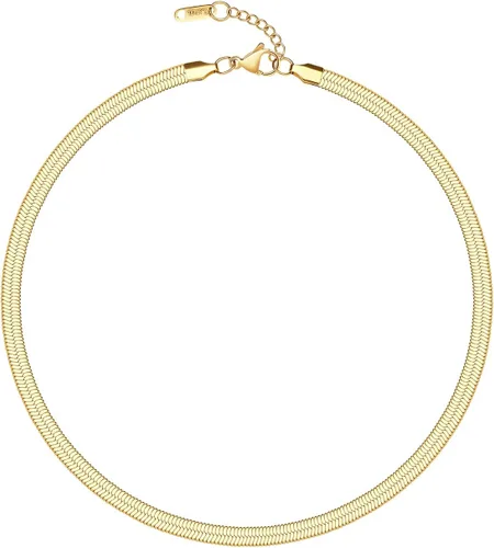 Vista 9 de Collar de espiga para mujer, chapado en oro de 14 quilates, cadena de serpiente plana de 0.157 in, gargantilla de cadena de hueso de serpiente