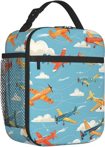 Vista 2 de Lonchera reutilizable con diseño de avión vintage para niños, mujeres y adultos, bolsa de almuerzo azul con aislamiento retro para avión, bolsa