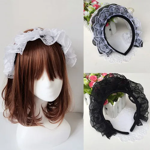 Vista 5 de Lolita - Diadema de encaje con volantes y encaje multicapa, diadema de encaje de malla, tocado dulce de criada, accesorios para el cabello