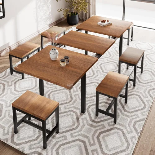 Vista 12 de iPormis Juego de mesa de comedor extensible de 7 piezas con 6 taburetes, juego de mesa de cocina de 63 pulgadas para 4 a 8 personas, mesa de comedor