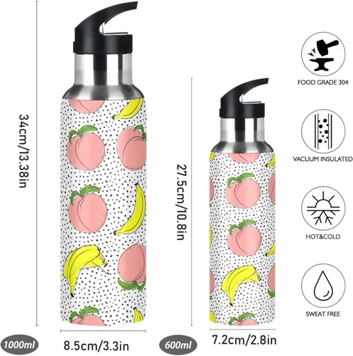 Vista 2 de BPA-Free Sport Water Bottle Insulated 32 Oz, Insulated Water Bottle for Gym Outdoor Travel School, Peaches Bananas Polka Dot
