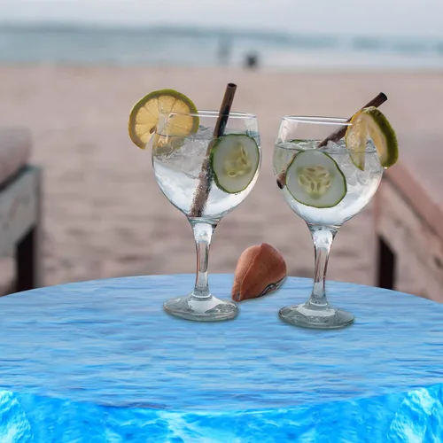 Vista 5 de Oudain Mantel redondo de plástico de 84 pulgadas con diseño de olas oceánicas, cubierta redonda para mesa de picnic con temática de océano azul