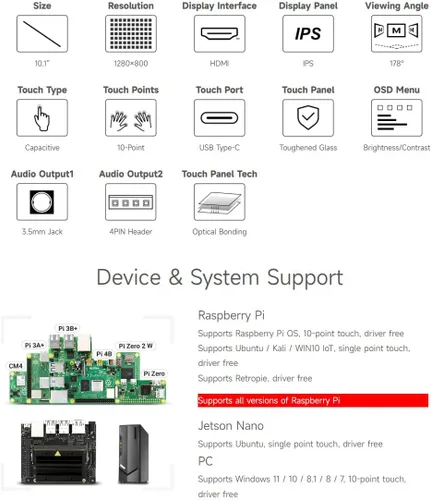Vista 4 de waveshare Pantalla táctil capacitiva IPS de 10.1 pulgadas, resolución de 1280 × 800, interfaz HDMI, compatible con Raspberry Pi 5/4B/3B/Zero/Zero