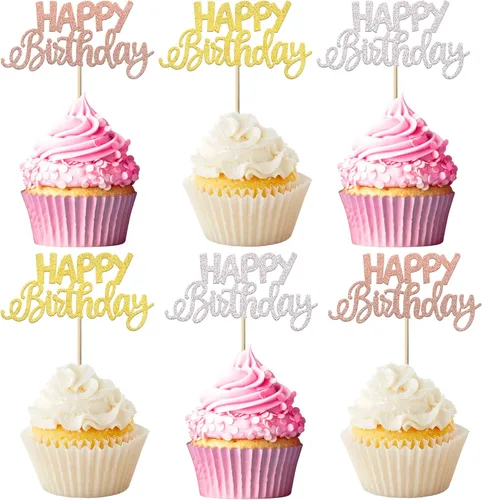Vista 13 de Paquete de 30 adornos para cupcakes con purpurina para celebración, cumpleaños, baby shower, niños, fiesta de cumpleaños, suministros de decoración