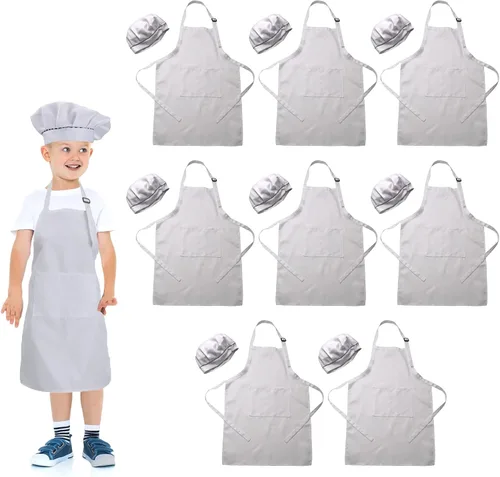 Vista 8 de Toal - Juego de 8 delantales y sombrero de chef, delantales de cocina para niños, coloridos delantales ajustables con 2 bolsillos para niñas, niños