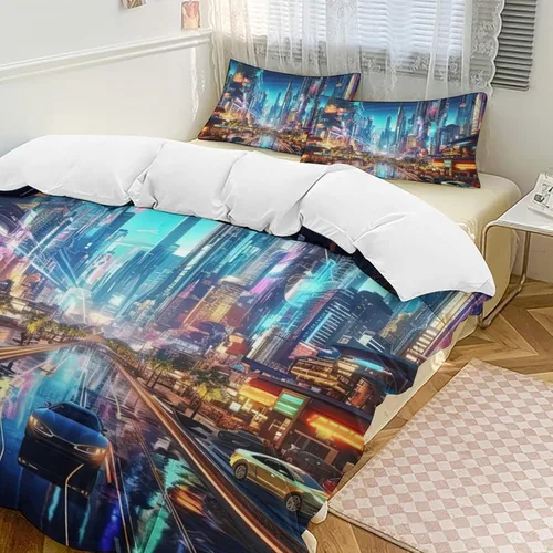 Vista 14 de Art Duvet Cover Full Size, Ultra Soft Microfiber Night Scenery Bedding Set, 3 Pieces City View Pattern Comforter Cover Set with Zipper Closure
