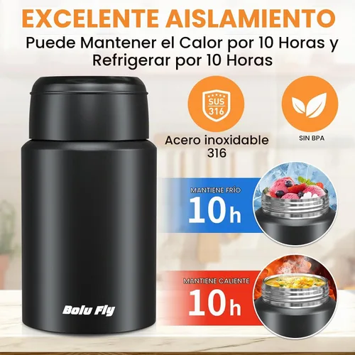 Vista 2 de Tarro de comida aislado de acero inoxidable, paquete de 2 unidades para trabajo y viajes, color negro Vacuum insulated thermos keeps soup/pasta