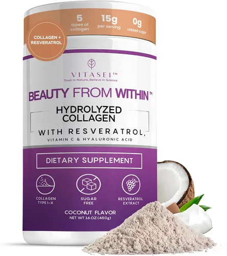 Vista 7 de VITASEI Polvo de péptidos de colágeno hidrolizados con resveratrol y vitamina C - Soporte para cabello, piel, uñas y articulaciones - Colágeno