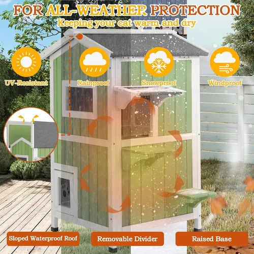 Vista 5 de PetsCosset Casa Aislada para Gatos de Exterior Resistente a la Intemperie con Aislamiento Integral de Dos Pisos de Madera Refugio para Gatos Ferales