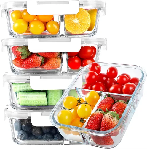 Vista 14 de KOMUEE Recipientes de vidrio para preparación de comidas, 3 compartimentos, paquete de 5 recipientes de vidrio de 36 onzas, recipientes