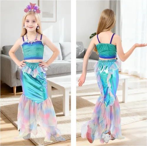 Vista 2 de Disfraz de sirena para niñas, disfraz de princesa para cumpleaños, cosplay, disfraces de Halloween con accesorios