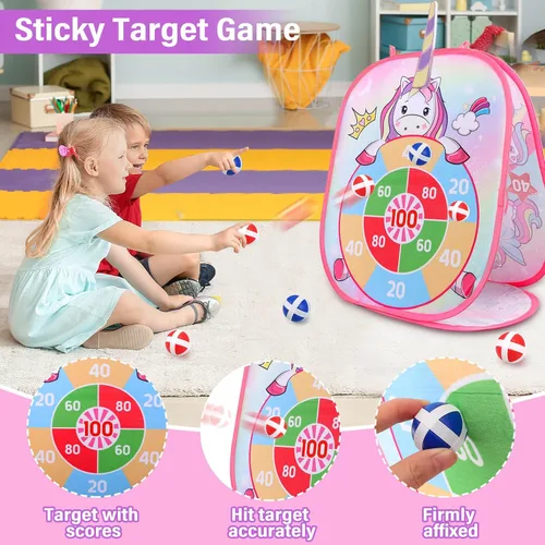 Vista 3 de YOTOY Juego de lanzamiento de bolsas de frijoles para niños, juguetes al aire libre de 3 a 8 años: juegos de fiesta de unicornio, actividades