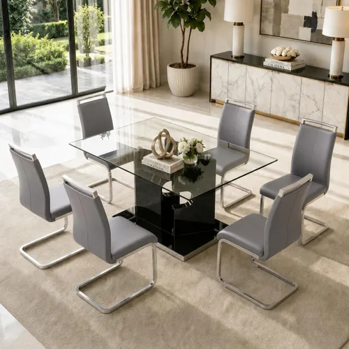 Vista 15 de Ebullient Juego de mesa de comedor de cristal de 63 pulgadas para 6, mesa de comedor de vidrio negro y base de MDF, mesa de cocina rectangular Mesa