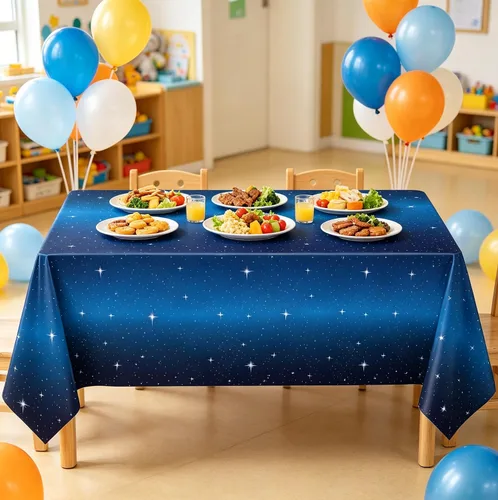 Vista 4 de Juego de 4 manteles de noche estrellada – Mantel rectangular de plástico de 86 x 51 pies, cubierta de mesa temática espacial – Suministros