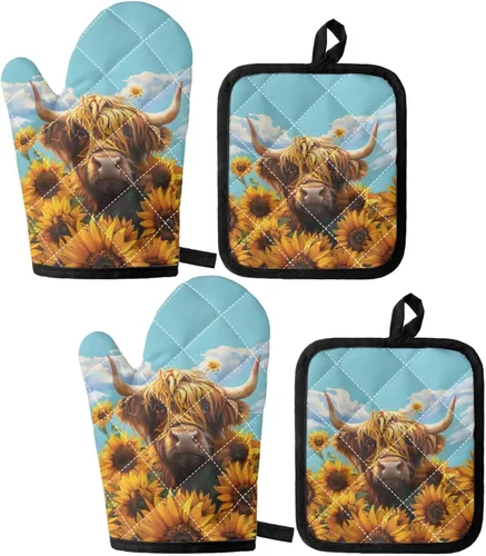Vista 32 de UNICEU Juego de 4 manoplas de horno personalizadas y soportes para ollas, decoración de cocina, guantes protectores personalizados para hornear