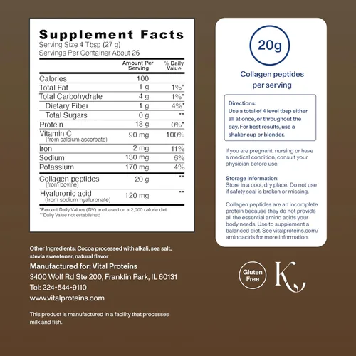 Vista 3 de Vital Proteins Péptidos de colágeno avanzados, péptidos hidrolizados con ácido hialurónico y vitamina C - Polvo sabor chocolate, 24.7 onzas