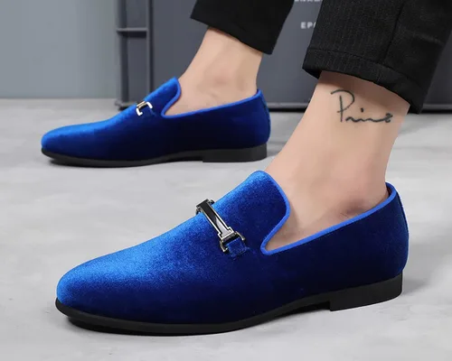 Vista 5 de Zapatos de vestir azules para hombre, mocasines de terciopelo para baile de graduación, zapatos de boda rojos, zapatos planos de conducción
