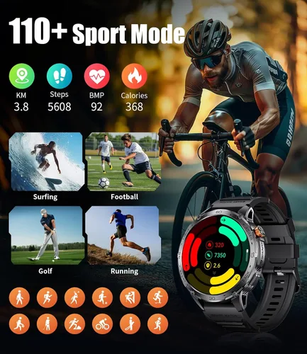 Vista 5 de LIGE Reloj inteligente militar para hombre, 730 mAh/1.75 pulgadas, pantalla táctil HD AMOLED, con linterna LED para Android iOS, rastreador